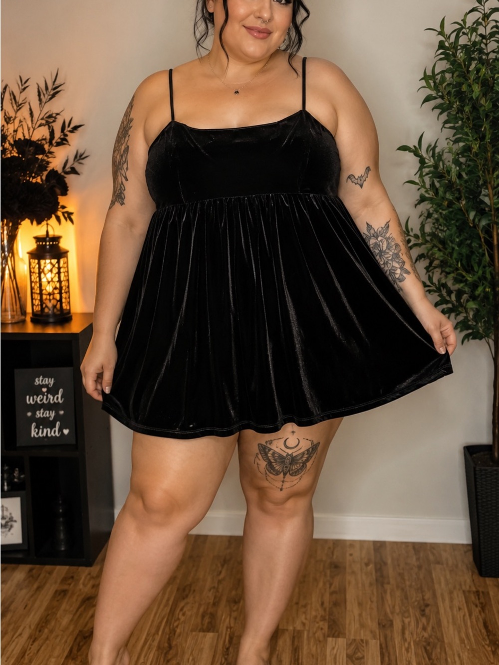 ARULA Black Velvet Mini Dress with Spaghetti Straps